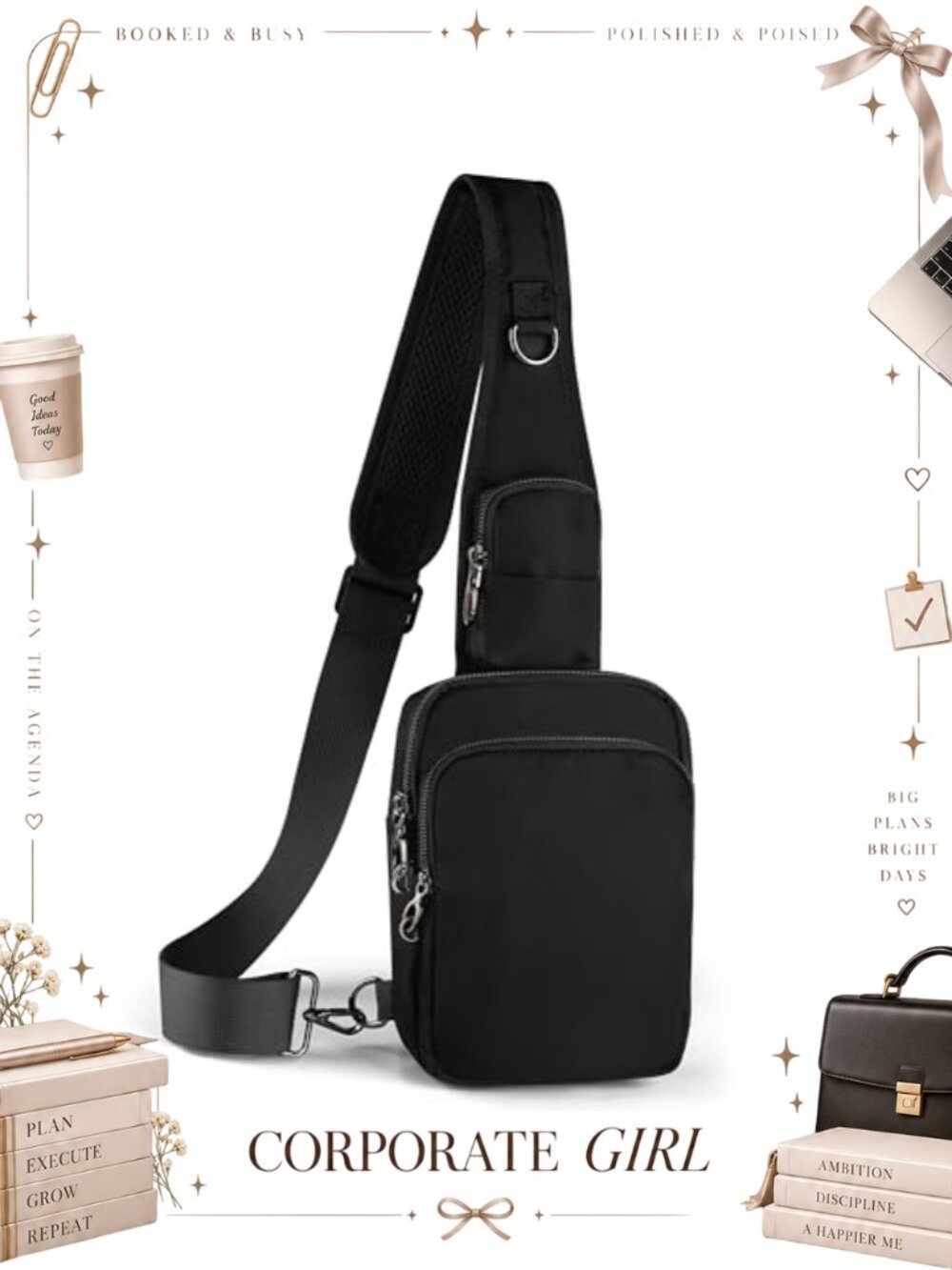 RFID Blocking Water Resistant Nylon Sling Bag Crossbody Anti Theft Zipper Lock